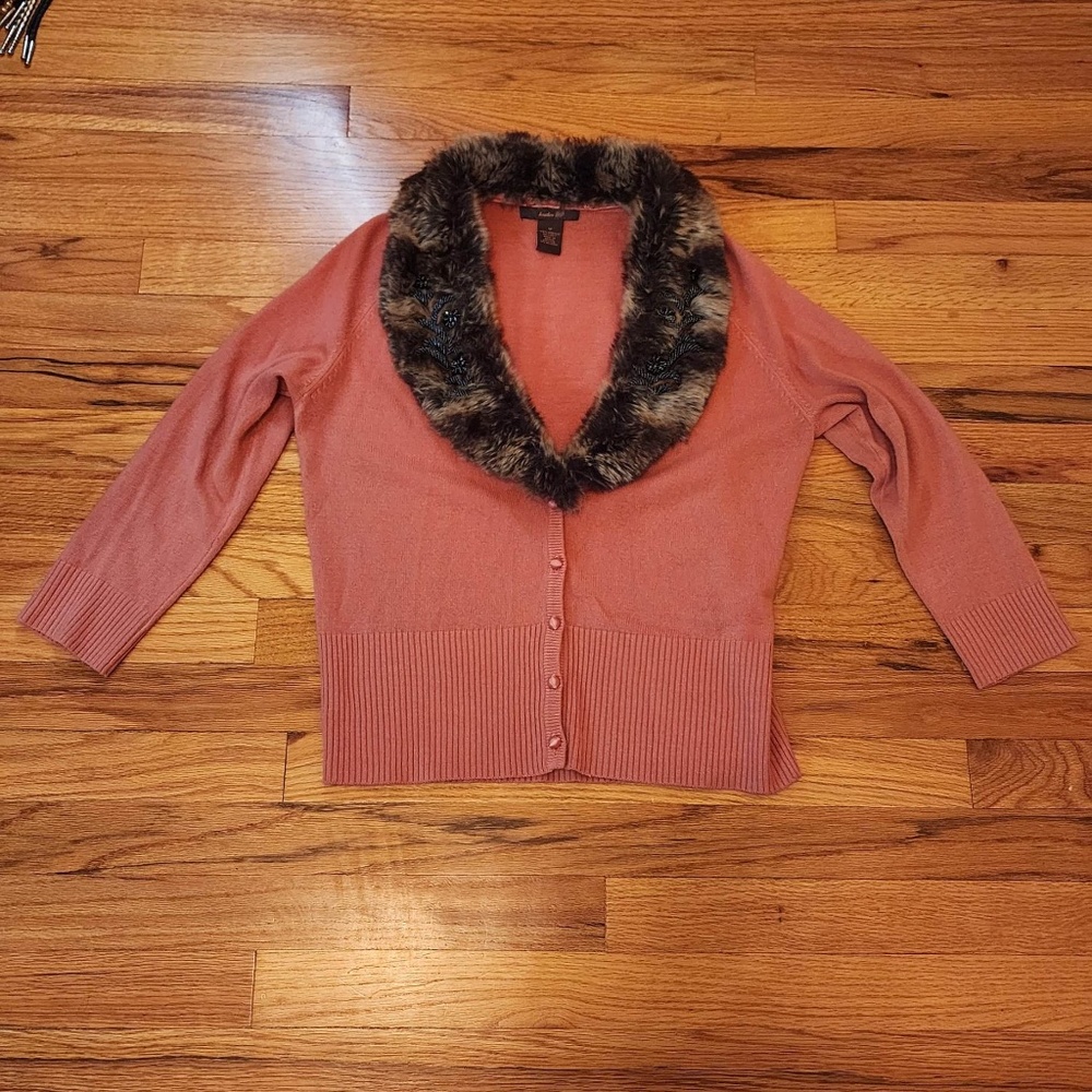 heather B Removable Faux Fur Collar 3/4 Sleeve Sweater M